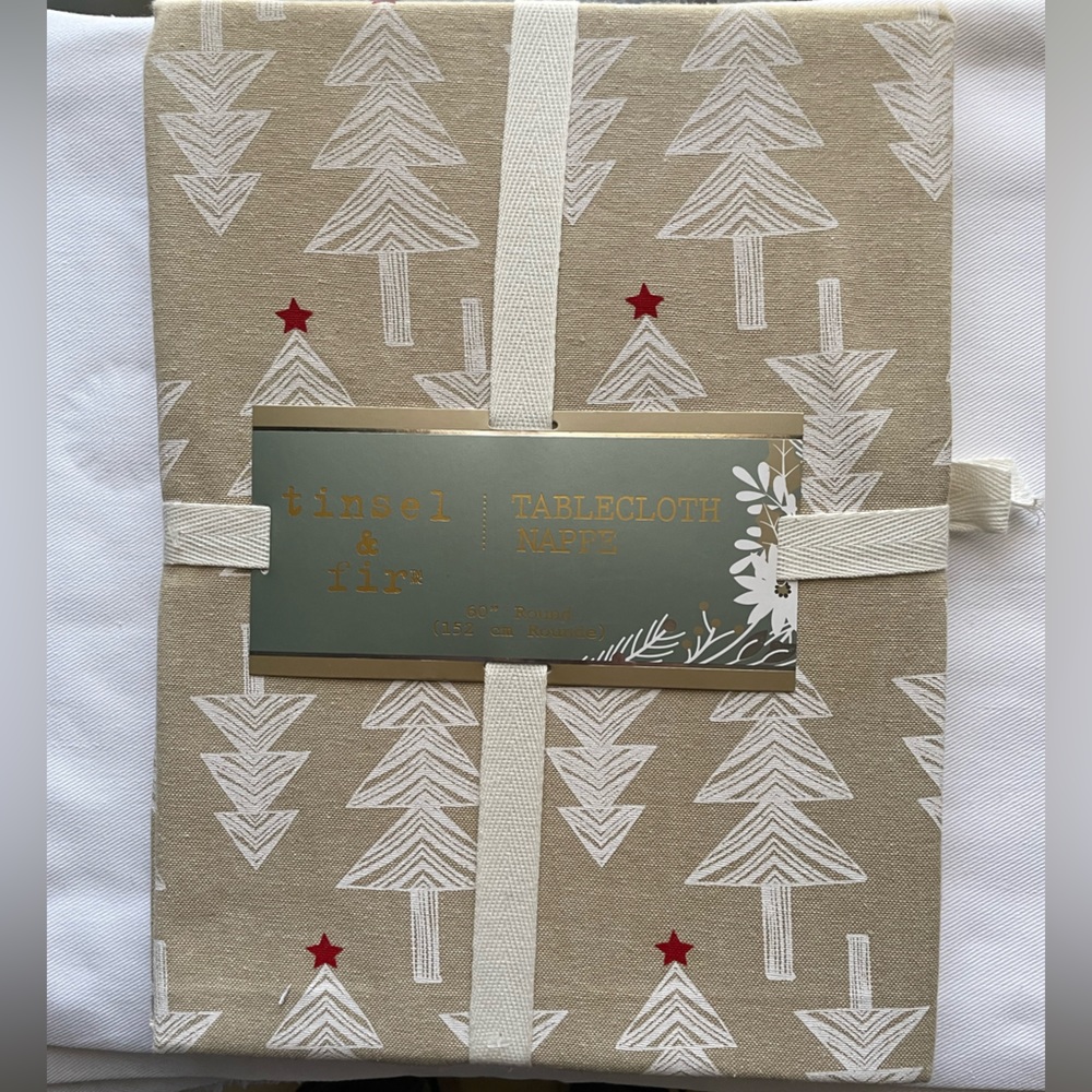 NEW tinsel & fir  Tablecloth.  60” Round